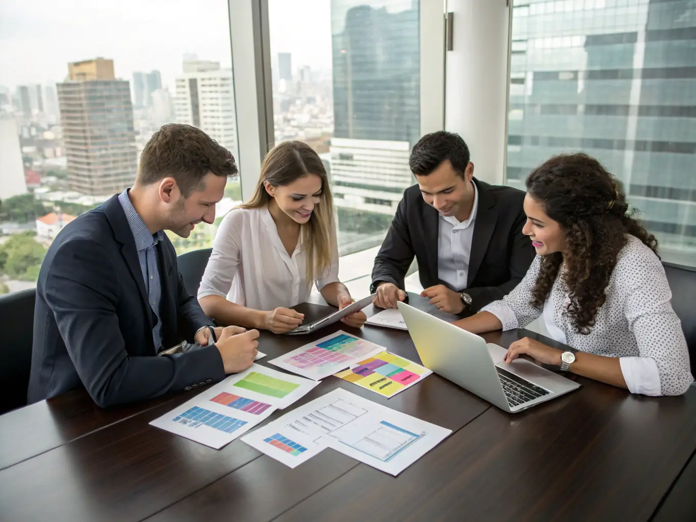 A professional workspace featuring a diverse team collaborating on financial analysis, with charts and graphs displayed on multiple screens, symbolizing Highbaam.com's collaborative and data-driven approach.