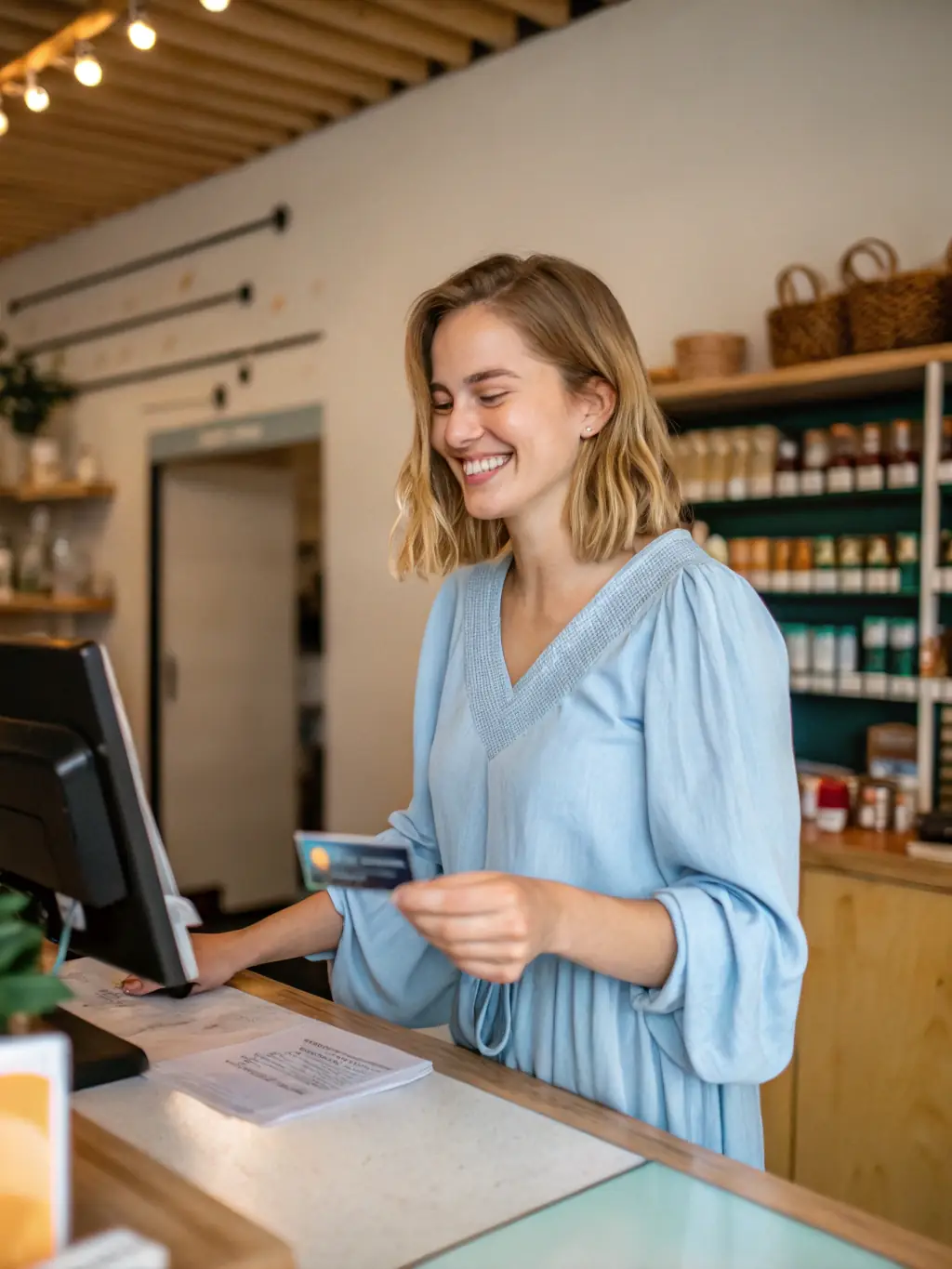 A person happily using a Highbeam credit card to make a purchase in a modern store, showcasing the ease of use and acceptance of Highbeam cards.