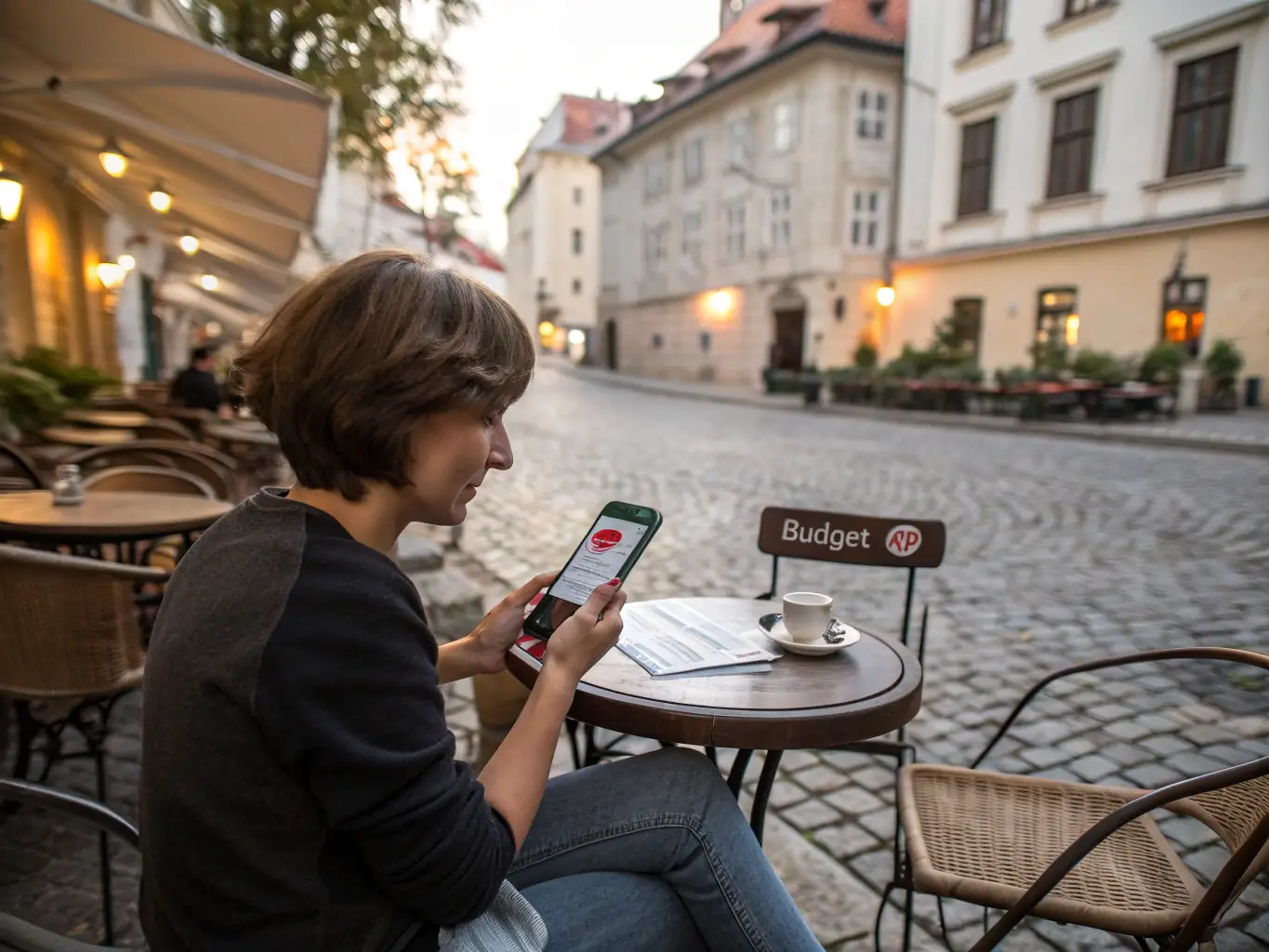 A person happily using a Mercury credit card to make a purchase in a modern European cafe, showcasing the convenience and lifestyle benefits.