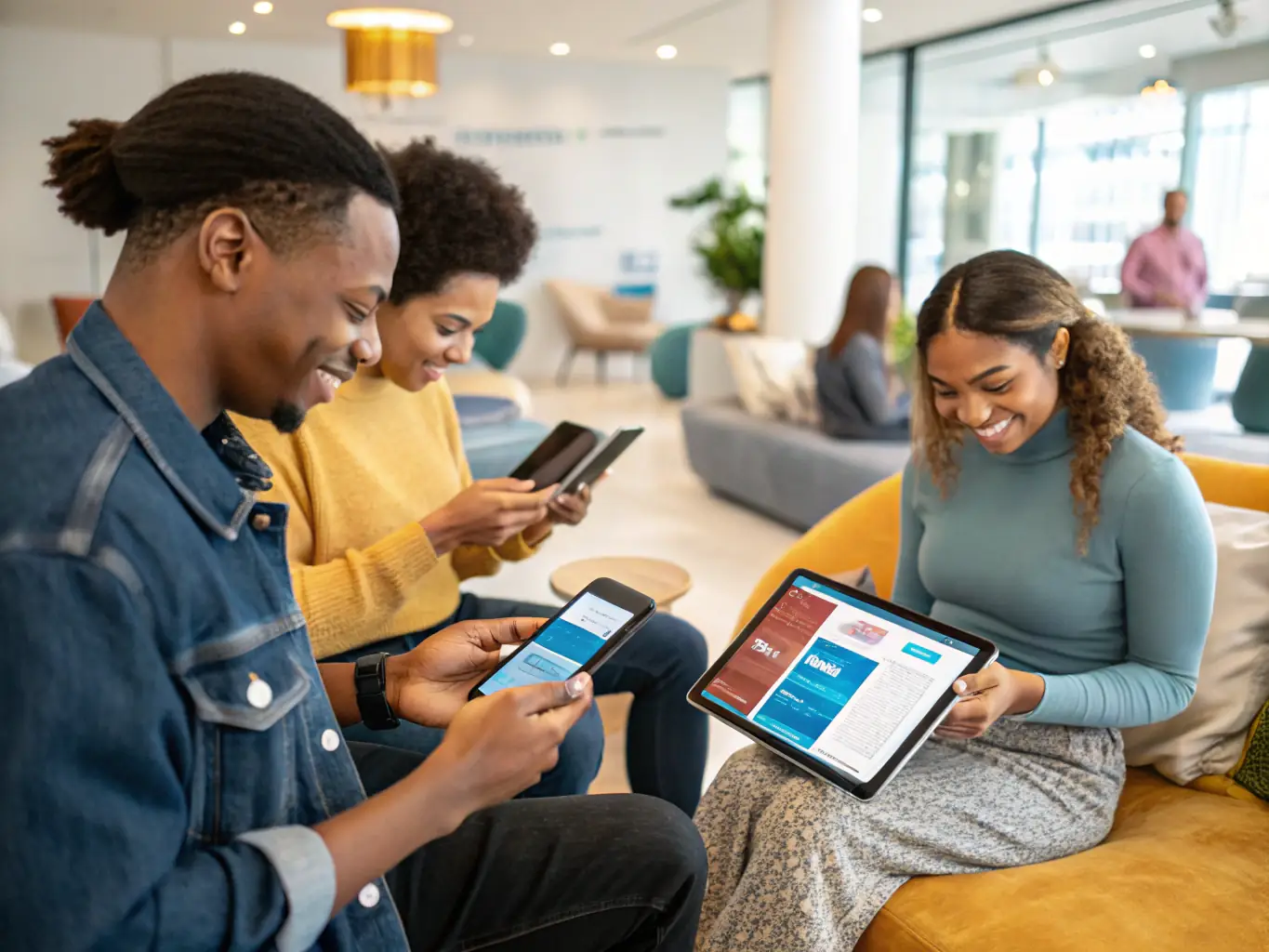 A diverse group of people using JetonBank's payment cards in various everyday scenarios, such as shopping, dining, and traveling.